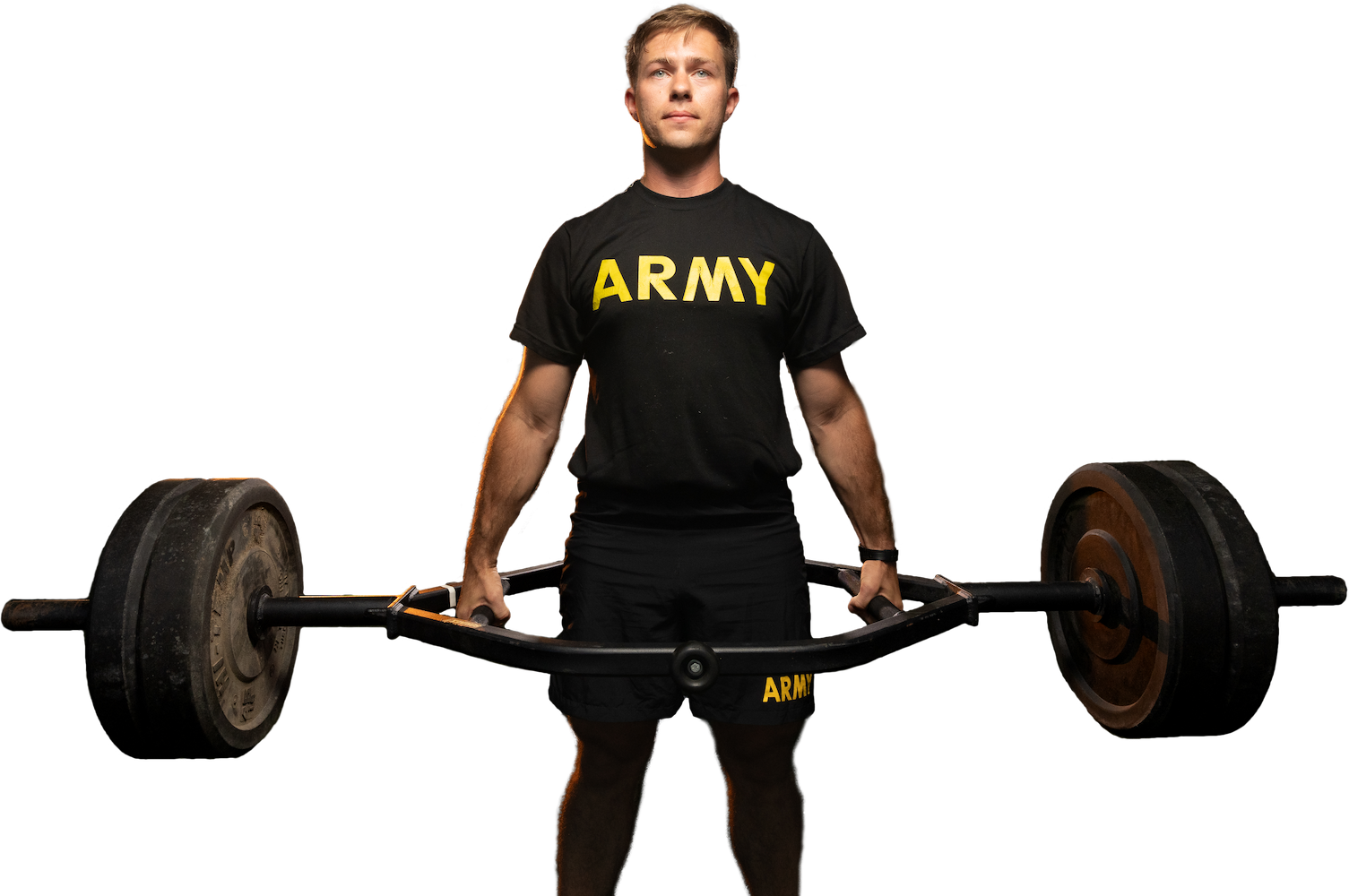 Young blonde man in black t-shirt deadlifting for the Army Combat Fitness Test