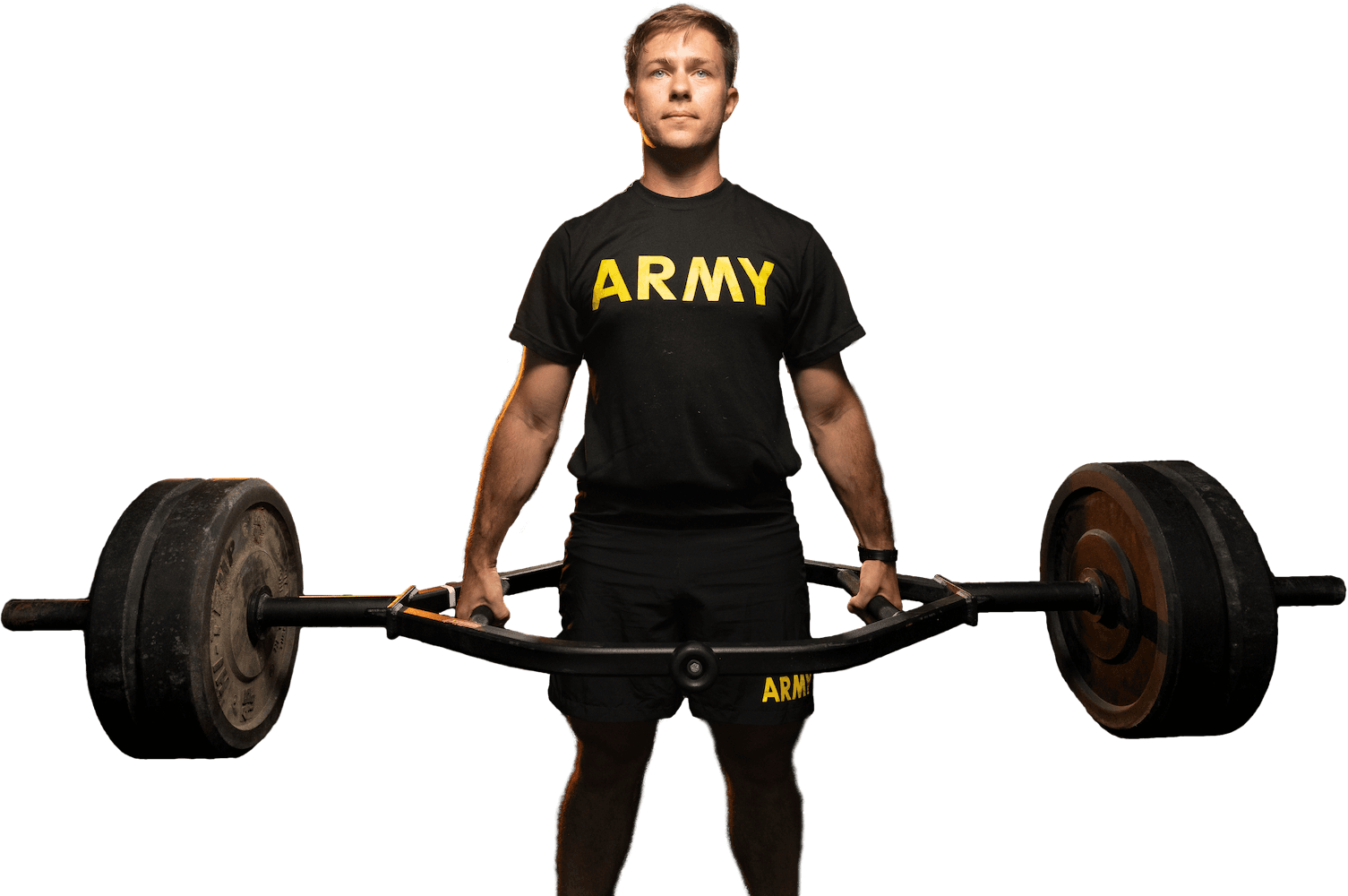 Young blonde man in black t-shirt deadlifting for the Army Combat Fitness Test